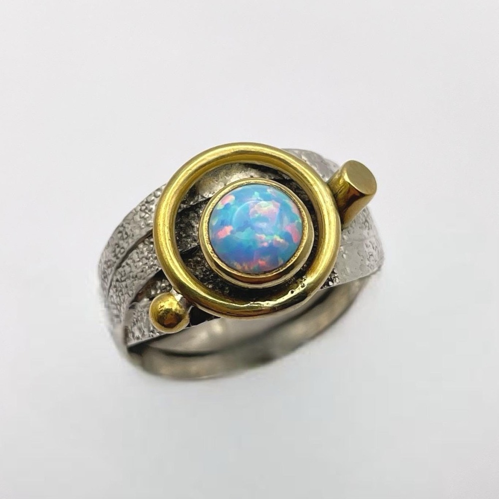 Artisan Rustic White Opal Sterling Silver Brass Ring Textured Band 8.25 US - Picture 4 of 8